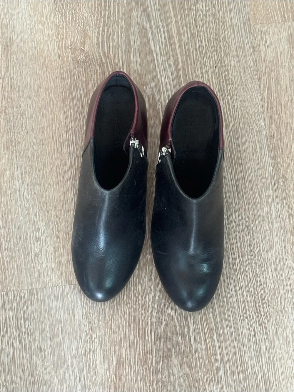See By Chloé Two-Tone Black and Burgundy Leather Ankle Booties